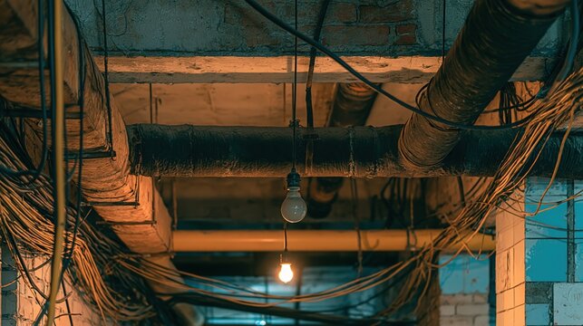Grungy industrial ceiling with exposed pipes, electrical wires, and bare light bulbs creating an atmospheric, utilitarian aesthetic