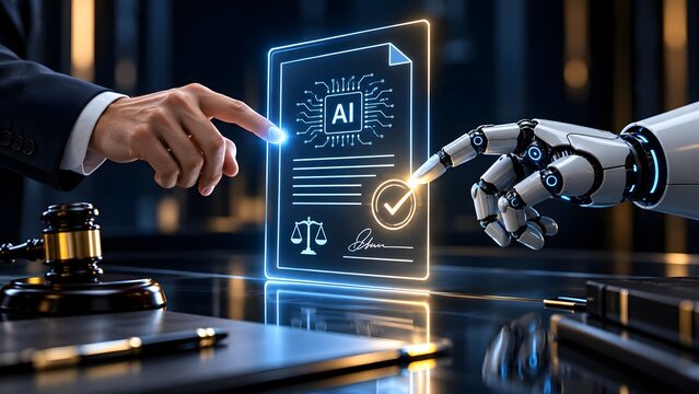 Human and robot hands touching a glowing digital smart contract with AI processor icon, representing legal technology and artificial intelligence regulation.
