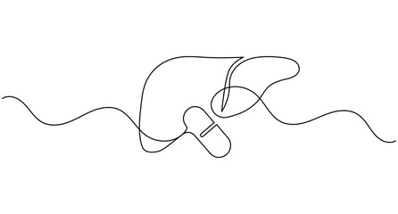 Fototapeta premium Liver anatomy with capsule pill continuous one line drawing minimalist medical treatment organ editable stroke vector illustration