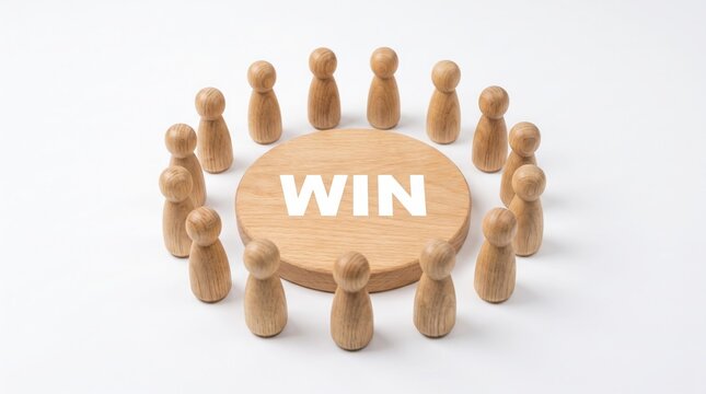 Wooden peg dolls forming a supportive circle around a central podium featuring bold win text inscription