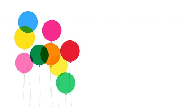 Animated colorful translucent balloons gently floating on the left side over a white background with wavy strings.