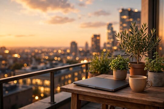 Remote work setup on rooftop terrace at golden hour with city view