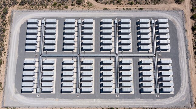 Battery energy storage system station aerial view with rows of modern lithium ion containers