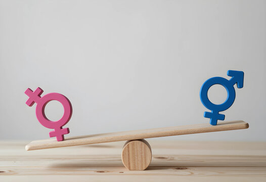 Gender equality and balance, female and male symbols on a wooden seesaw social parity and equal rights in a modern corporate environment