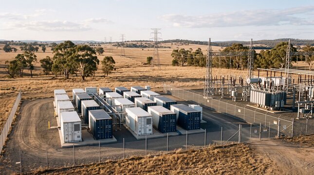 Battery energy storage system station with industrial shipping containers in rural Australian landscape setting