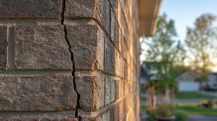 Fototapeta premium Close up of a large vertical crack in a brick wall of a residential house, indicating structural damage