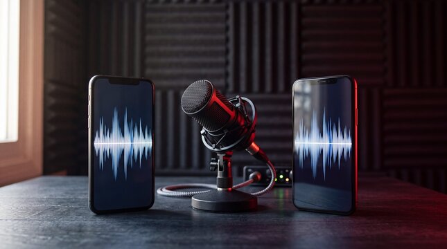 Microphone and smartphones with audio waveforms on screens for professional podcast recording in studio