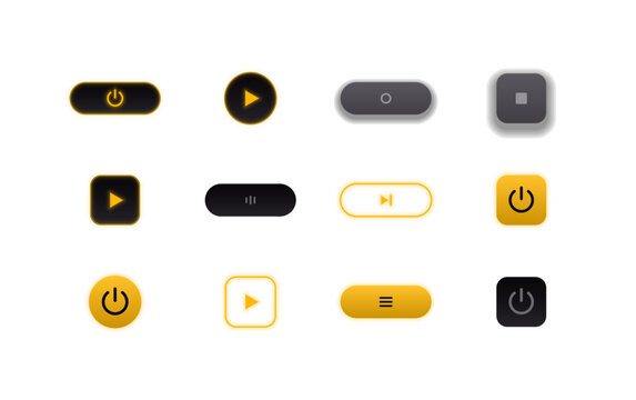 Modern flat UI control set. Minimalist black and yellow interface buttons, play and power icons, media playback toggles for web apps and mobile applications