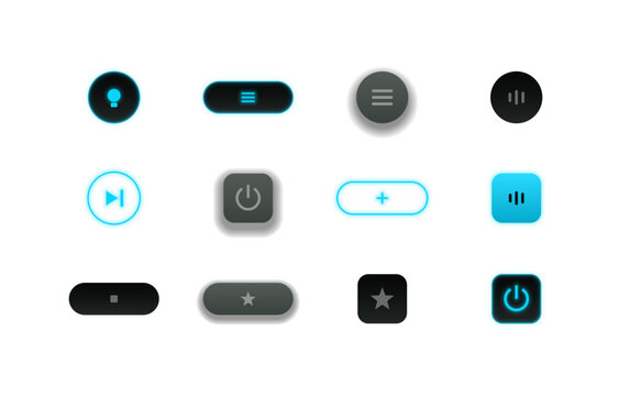 Modern minimal power button icons, dark and light interface symbols, digital audio control set, sleek web design elements, UI audio toggle buttons