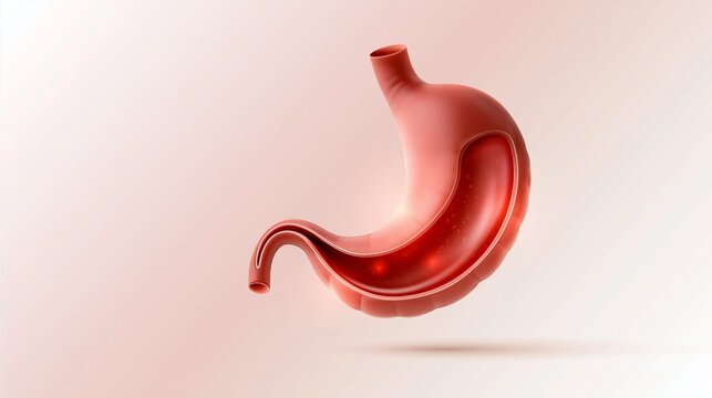 Human stomach anatomical cross section showing glowing gastric acid, digestion, and heartburn concept