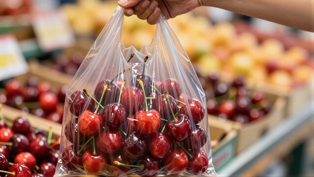 Hand holds plastic bag filled with fresh red cherries at a market stall.