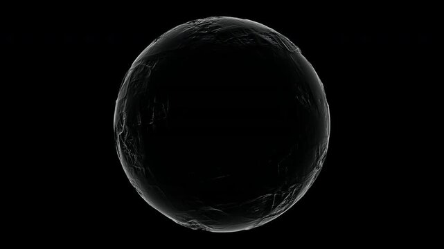 Rim-lit dark rocky planetoid or asteroid silhouette rotating slowly against pitch black space in a scientific astronomy simulation.