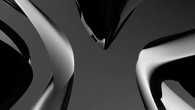 Glossy monochrome ribbons bend and undulate across an abstract 3D space with reflective highlights, perfect for corporate presentations, title sequences, and broadcast graphics.