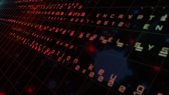 Close-up 3D grid screen displaying red code overlay simulating ransomware infection, malware attack, and unauthorized system access during a cyber security breach.