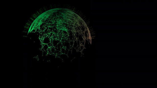 Rotating green digital globe interface featuring interconnected data nodes and floating text labels for cyber security and artificial intelligence visualization.