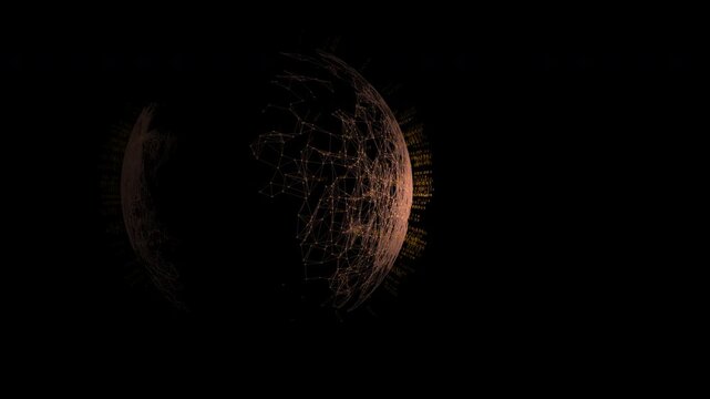 Dark metallic digital globe with glowing orange data clusters and orbiting HUD text labels depicting global cyber infrastructure and cloud analytics.