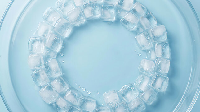 Circular arrangement of clear ice cubes on a transparent surface with water droplets, showcasing freshness and coolness.
