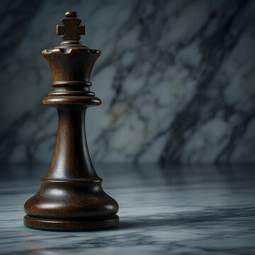 Leadership and strategy, wooden chess king piece on marble surface for business competition, corporate decision making and success in professional life