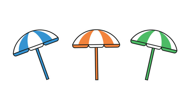 Three striped beach umbrellas in blue, orange, and green colors standing in different angles against a white background.