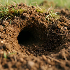 Fototapeta premium Wildlife habitat and nature conservation, animal burrow entrance in the ground with grass and soil for environmental research and ecological studies