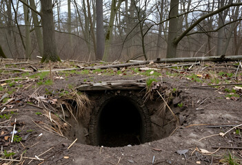Fototapeta premium Environmental conservation and habitat loss, old brick tunnel entrance in forest ground hidden wildlife shelter and nature exploration