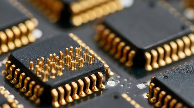 Close up of multiple black integrated circuits with gold pins on a circuit board  showcasing microelectronic components in sharp focus