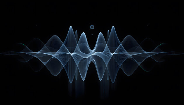 Futuristic soundwave oscillation and digital audio equalizer. Audio frequency analysis and voice recognition. Symmetrical light wireframe wave vibrating on black background