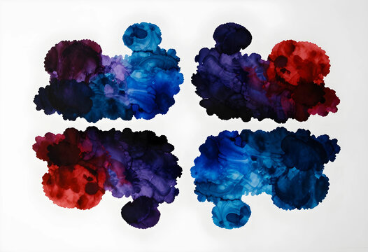 Psychology and mental health assessment, Rorschach inkblot test with blue and red abstract shapes for personality analysis and cognitive evaluation