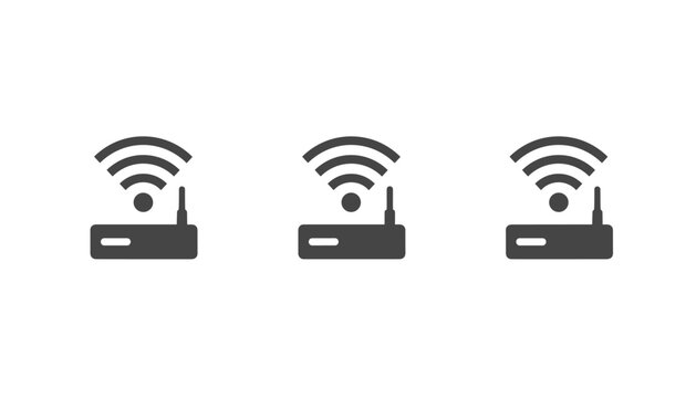 Minimalist gray icons of wireless Wi-Fi internet routers with signal waves isolated on a clean white background.