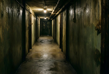 Fototapeta premium Urban decay and abandonment, dark hallway in a derelict building with peeling paint and dim lighting, mystery and suspense in an old industrial corridor