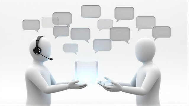 Two figures exchange a glowing device, surrounded by floating speech bubbles.