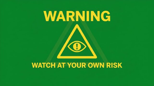 Yellow Warning Watch At Your Own Risk Animated Sign With Eye Icon On Green Screen Background