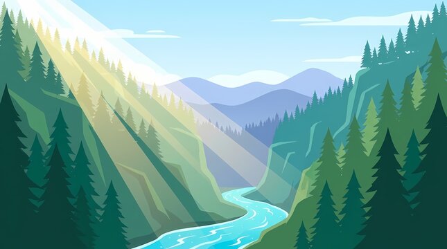 Vector landscape art featuring a mountain river valley with pine forest for travel branding projects