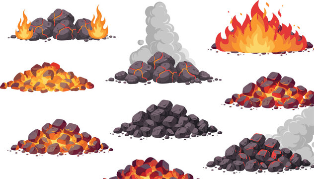 Set of burning coal piles with glowing embers, orange flames and gray smoke, cartoon charcoal heaps and campfire elements vector illustration on white background