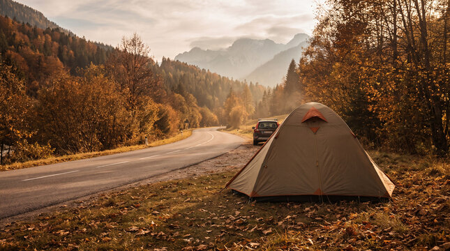 Camping tent beside a mountain autumn road in a scenic landscape  
