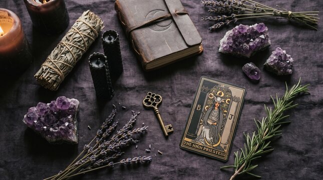 High Priestess Tarot Card with Amethyst Crystals and Sage on Altar