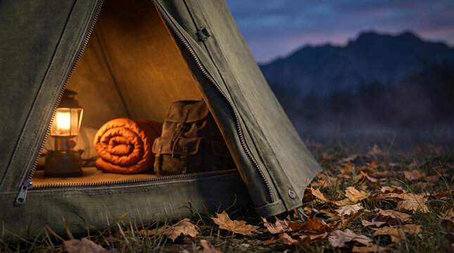 Camping tent beside a mountain autumn road with lantern and blanket  