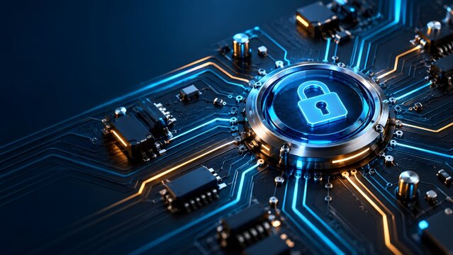 Futuristic circular security vault module on a computer circuit board representing core hardware protection and encrypted data access