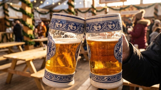 Oktoberfest beer stein with blue white pattern clinking in celebration  