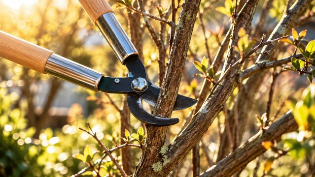 Close-up of garden pruning shears cutting a tree branch in warm sunlight, representing gardening, seasonal maintenance, landscaping, horticulture and professional outdoor yard care.