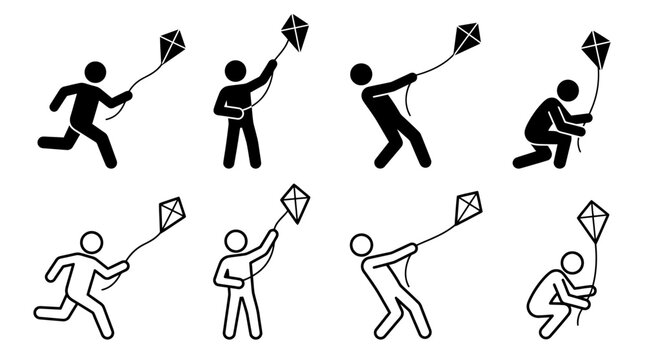 Set of vector icons showing stick figures flying kites in various active poses including running holding and pulling in solid and outline styles