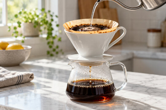 Filterkaffee im Keramikhandfilter aufgiessen