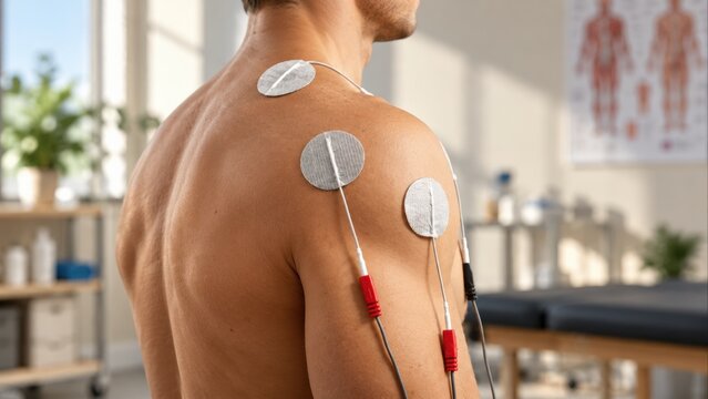 Close-up of electrical stimulation electrodes attached to a patient&rsquo;s shoulder during physiotherapy treatment in a modern clinic, representing rehabilitation, pain management and medical care.