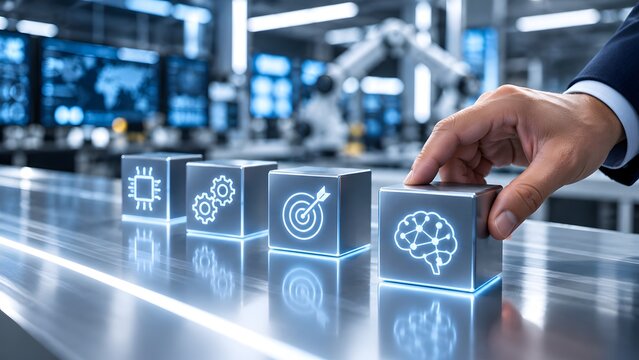 Human hand arranging silver metallic cubes with glowing icons representing strategic automation and target planning.