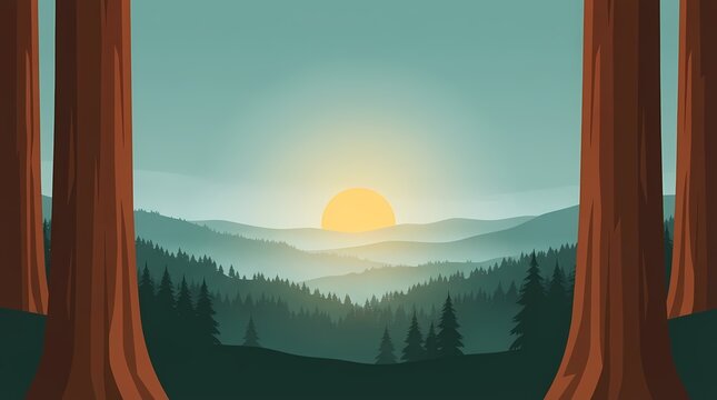Forest landscape vector illustration with sunset view between tall trees for travel banner branding