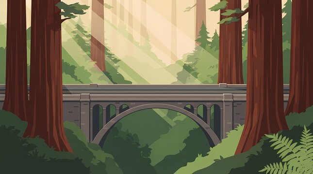Stone bridge in redwood forest landscape vector illustration for travel background and nature design