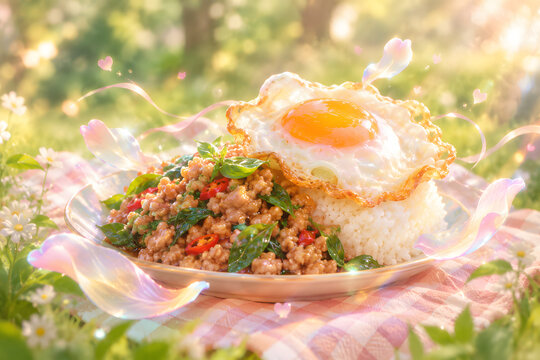 Pad krapow thai food stir fried minced pork with holy basil and fried egg on rice in dreamy garden setting