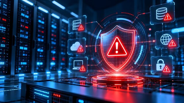 Glowing red security shield with warning triangle surrounded by alert icons in a server room representing a cyberattack detection.