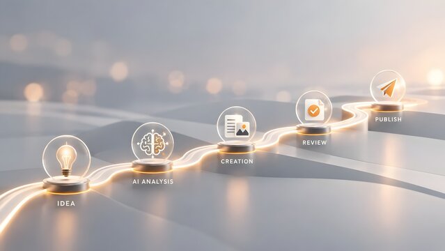 Glowing digital pathway displaying glass spheres with icons for idea generation analysis creation review and publishing workflow.