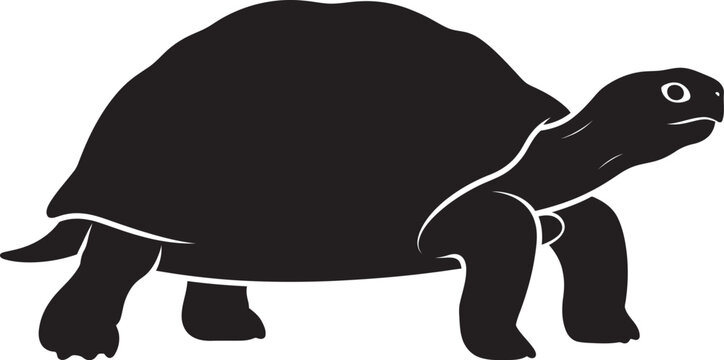 A simple black silhouette of a walking tortoise isolated on a plain white background for graphic design